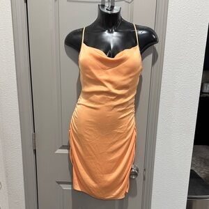 Ramy Brook peach orange ruched mini midi shift satin dress S 6